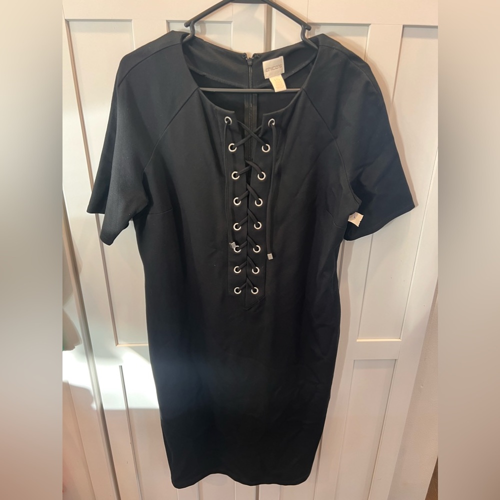 Chicos 1.5 silver eyelet tie Black dress, still has boutique tags. See char-sm.